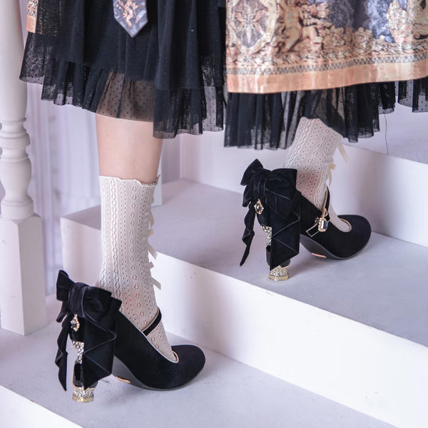 Jewel and Ribbon High Heeled Pumps - Black × Gold[2026年2月上旬-3月上旬発送予定]