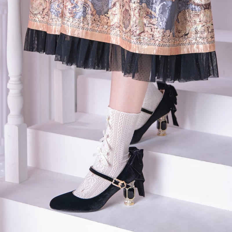 Jewel and Ribbon High Heeled Pumps - Black × Gold[2026年2月上旬-3月上旬発送予定]