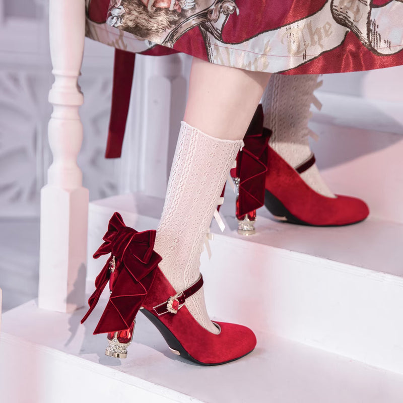 Jewel and Ribbon High Heeled Pumps - Red × Gold[2026年2月上旬-3月上旬発送予定]