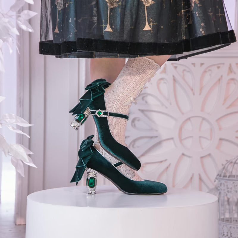 Jewel and Ribbon High Heeled Pumps - Dark Green × Silver[2026年2月上旬-3月上旬発送予定]