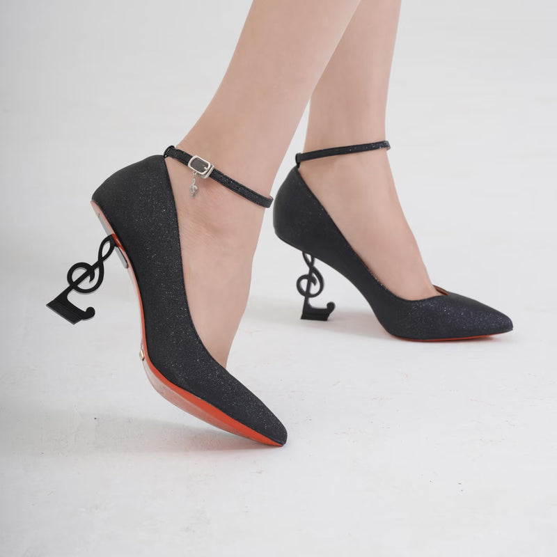 Musical Note Pointed High Heeled Pumps - Black[2026年2月上旬-3月上旬発送予定]