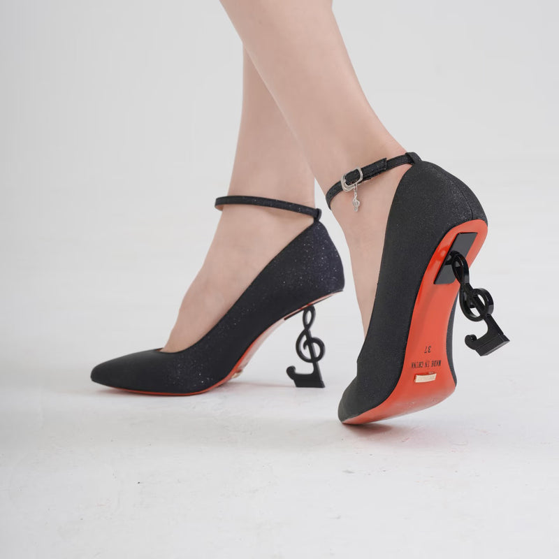 Musical Note Pointed High Heeled Pumps - Black[2026年2月上旬-3月上旬発送予定]