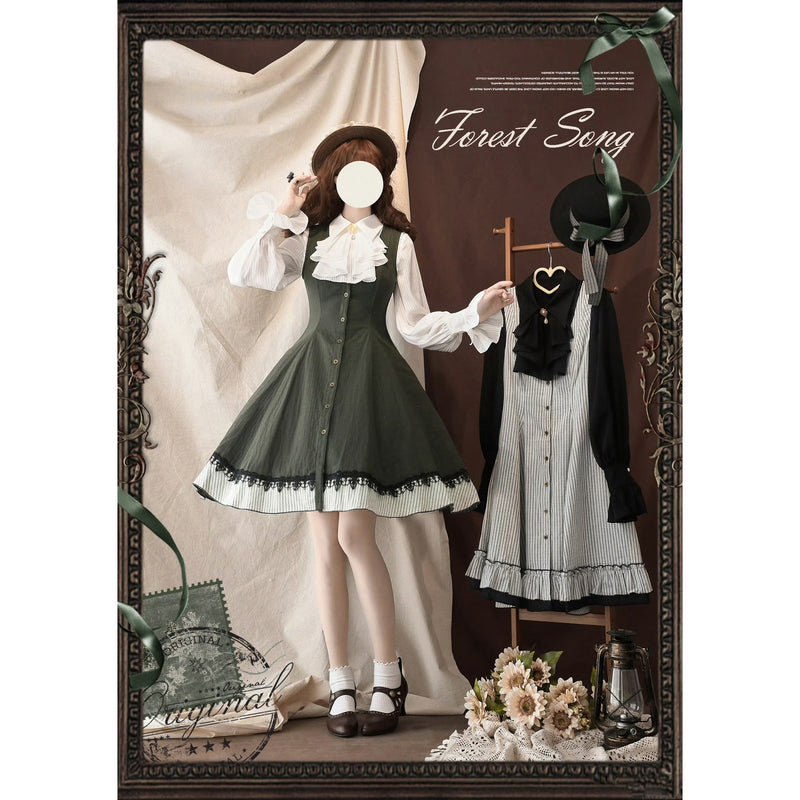 灰緑の縦縞クラシカルジャンパースカート - ミドル丈[2025年12月下旬-2026年1月下旬発送予定]