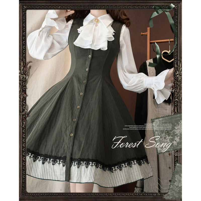 灰緑の縦縞クラシカルジャンパースカート - ミドル丈[2025年12月下旬-2026年1月下旬発送予定]