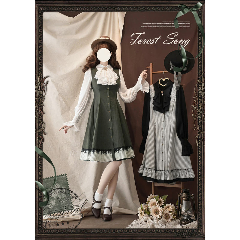 灰緑の縦縞クラシカルジャンパースカート - ミドル丈[2025年12月下旬-2026年1月下旬発送予定]