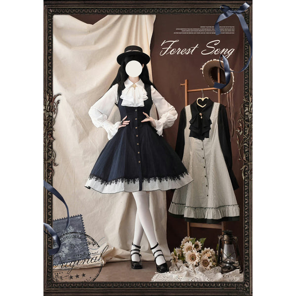 濃紺の縦縞クラシカルジャンパースカート - ミドル丈[2025年12月下旬-2026年1月下旬発送予定]