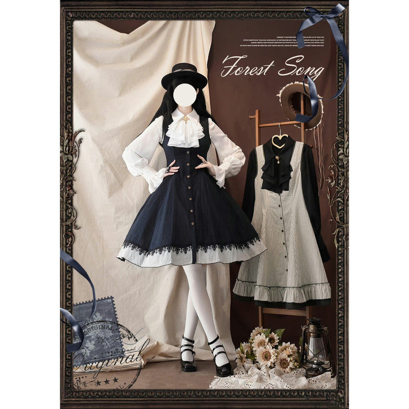 濃紺の縦縞クラシカルジャンパースカート - ミドル丈[2025年12月下旬-2026年1月下旬発送予定]