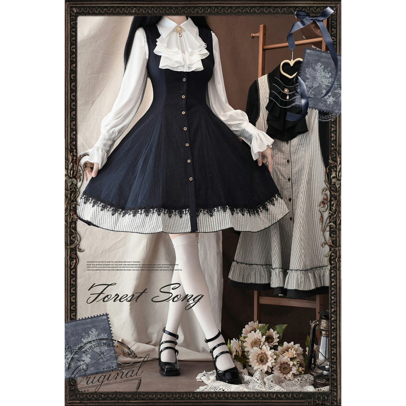 濃紺の縦縞クラシカルジャンパースカート - ミドル丈[2025年12月下旬-2026年1月下旬発送予定]