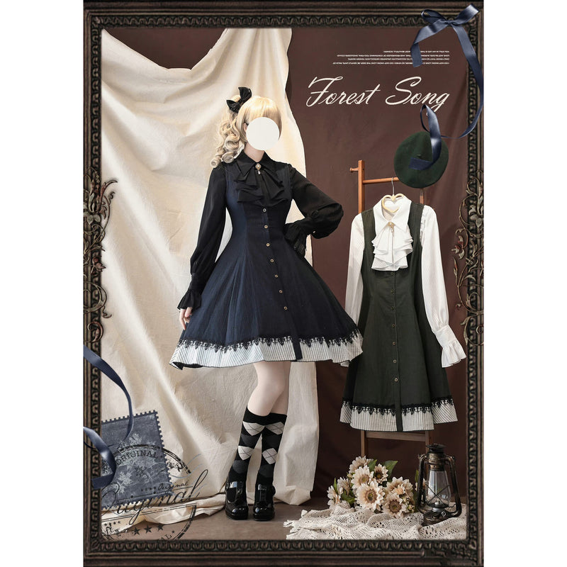 濃紺の縦縞クラシカルジャンパースカート - ミドル丈[2025年12月下旬-2026年1月下旬発送予定]