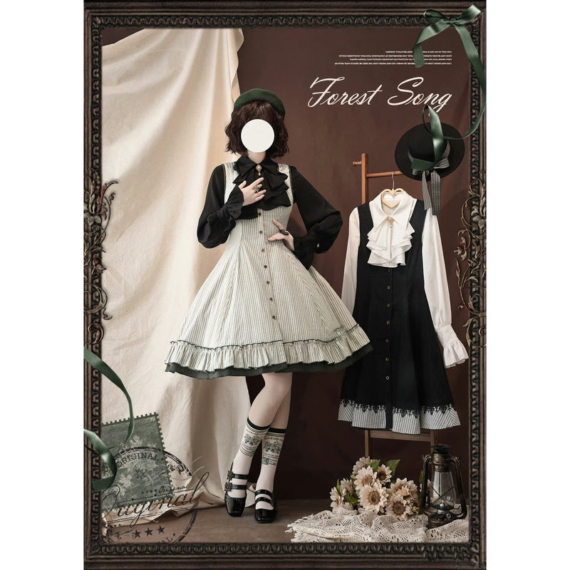 灰緑の縦縞クラシカルジャンパースカート - ミドル丈[2025年12月下旬-2026年1月下旬発送予定]