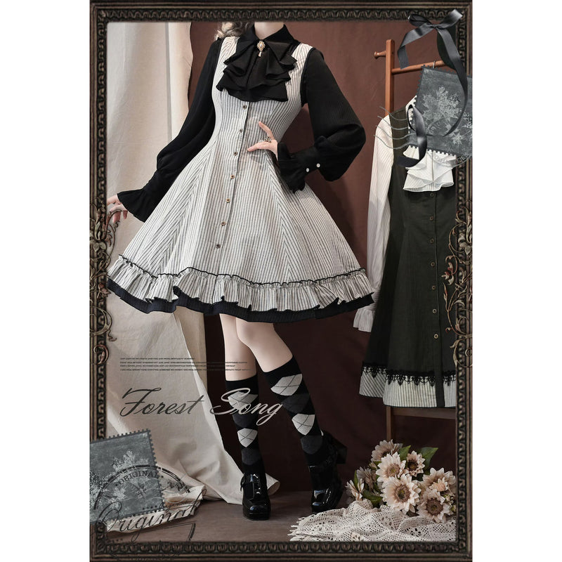 灰緑の縦縞クラシカルジャンパースカート - ミドル丈[2025年12月下旬-2026年1月下旬発送予定]