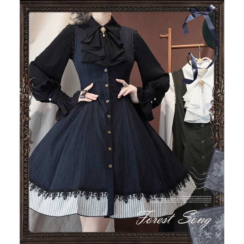 濃紺の縦縞クラシカルジャンパースカート - ミドル丈[2025年12月下旬-2026年1月下旬発送予定]