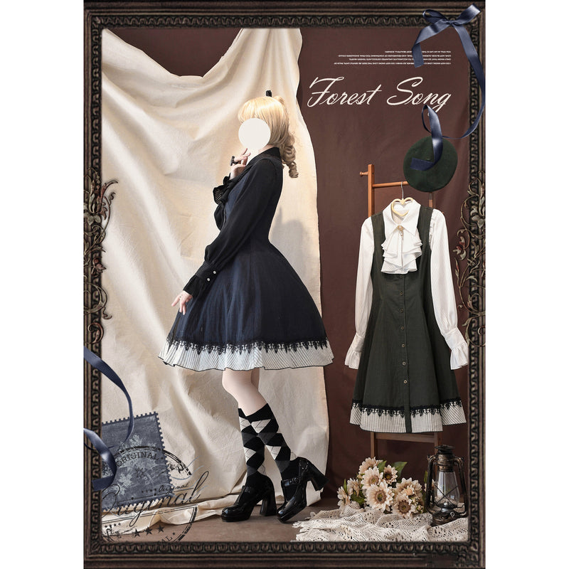 濃紺の縦縞クラシカルジャンパースカート - ミドル丈[2025年12月下旬-2026年1月下旬発送予定]