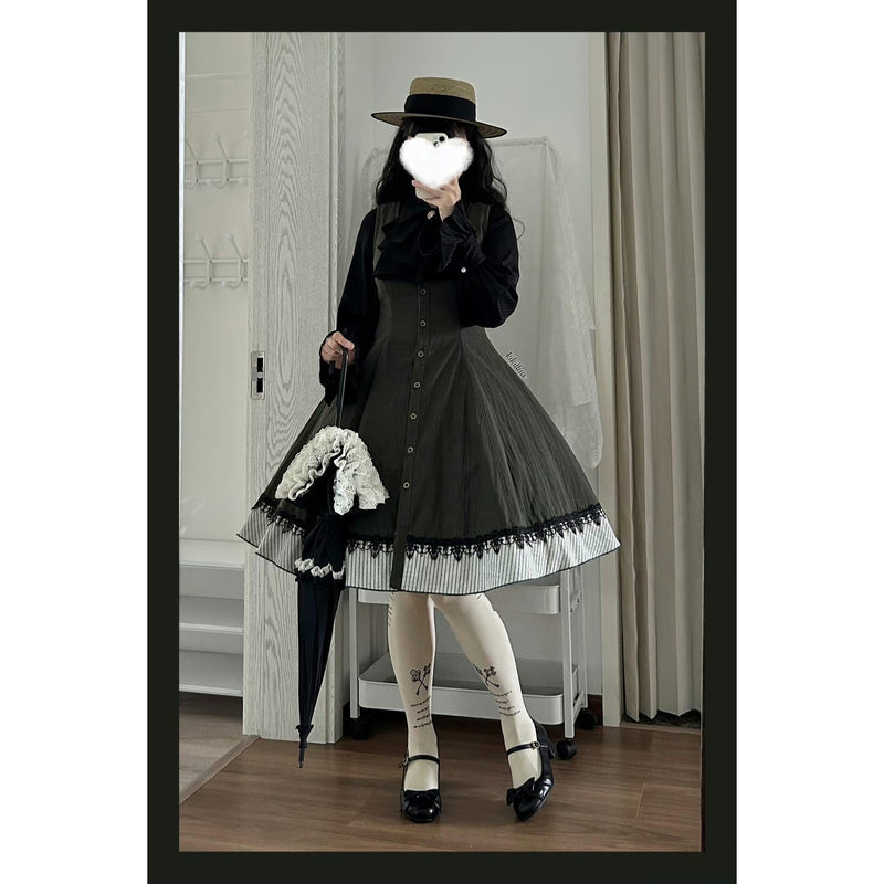 灰緑の縦縞クラシカルジャンパースカート - ミドル丈[2025年12月下旬-2026年1月下旬発送予定]