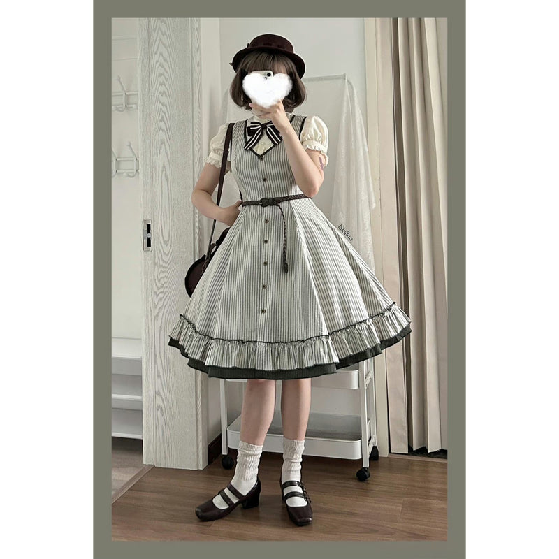 灰緑の縦縞クラシカルジャンパースカート - ミドル丈[2025年12月下旬-2026年1月下旬発送予定]