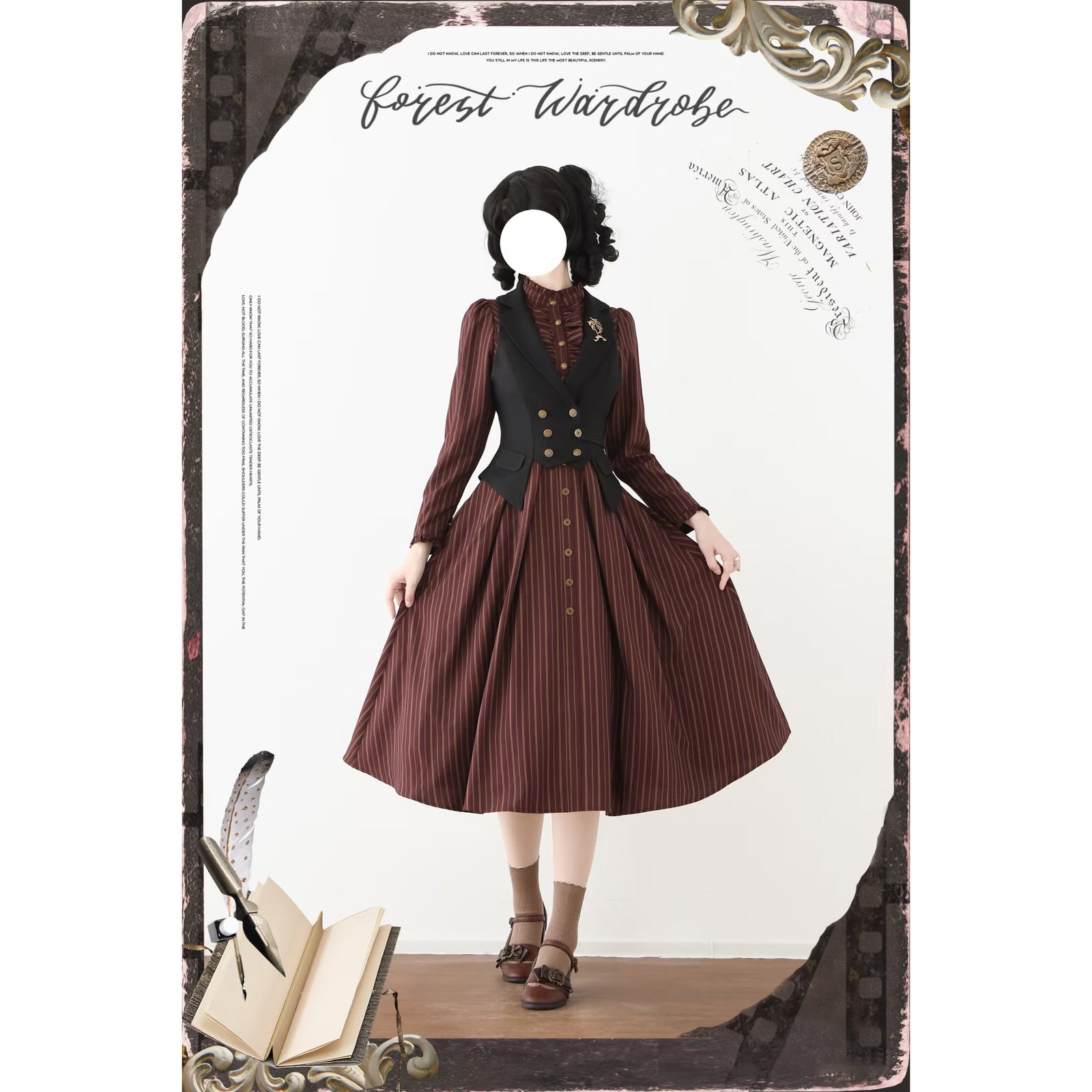 英国のお嬢様のクラシカルストライプワンピース - Burgundy – ManusMachina