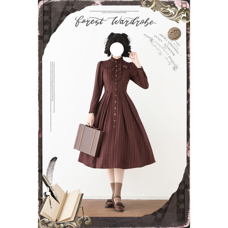 英国のお嬢様のクラシカルストライプワンピース - Burgundy – ManusMachina