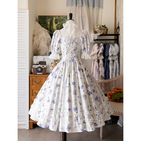 ブルーベリーと花の水彩画クラシカルワンピース – ManusMachina