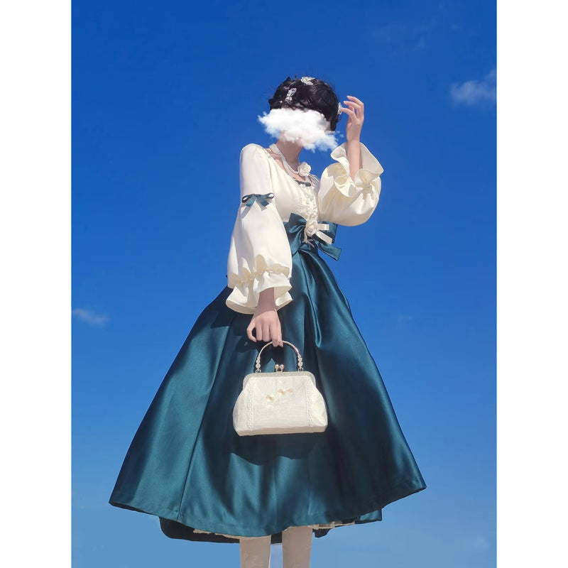 王侯貴族のお嬢様のクラシカルワンピース - Teal Green × White[2025年5月下旬-6月中旬発送予定]