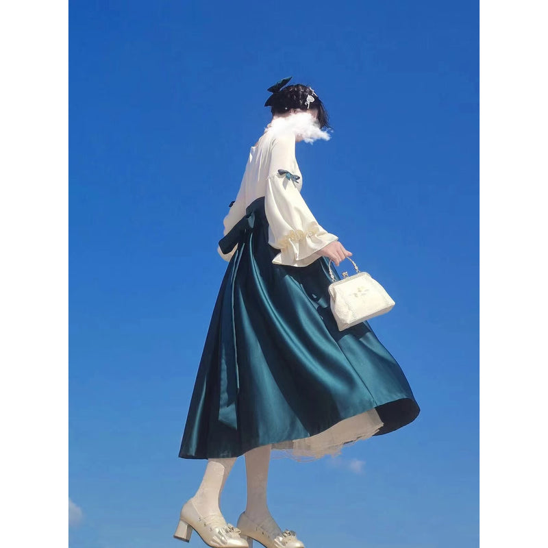 王侯貴族のお嬢様のクラシカルワンピース - Teal Green × White[2025年5月下旬-6月中旬発送予定]