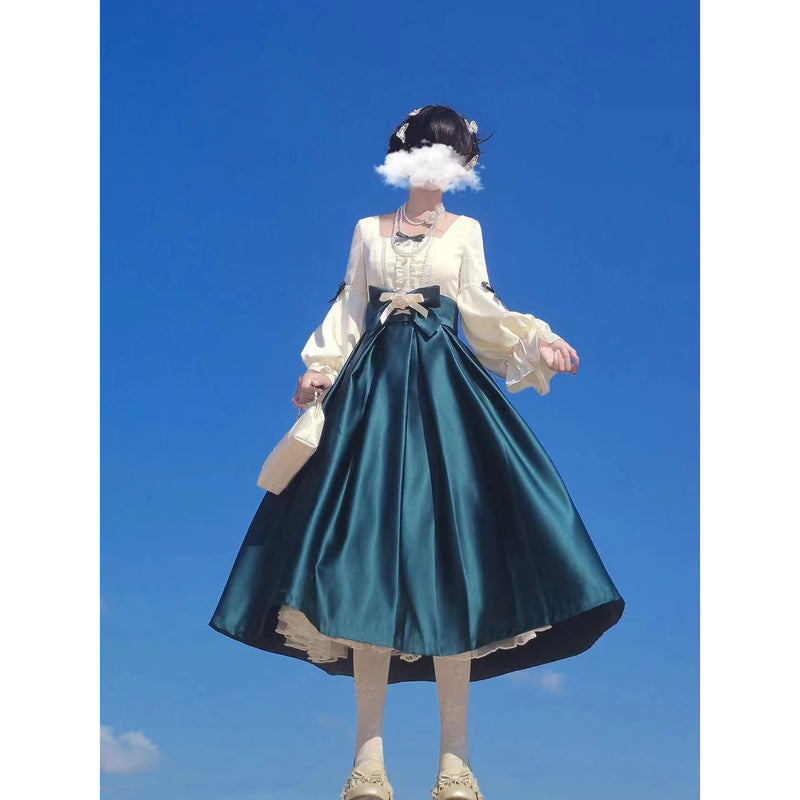 王侯貴族のお嬢様のクラシカルワンピース - Teal Green × White[2025年5月下旬-6月中旬発送予定]