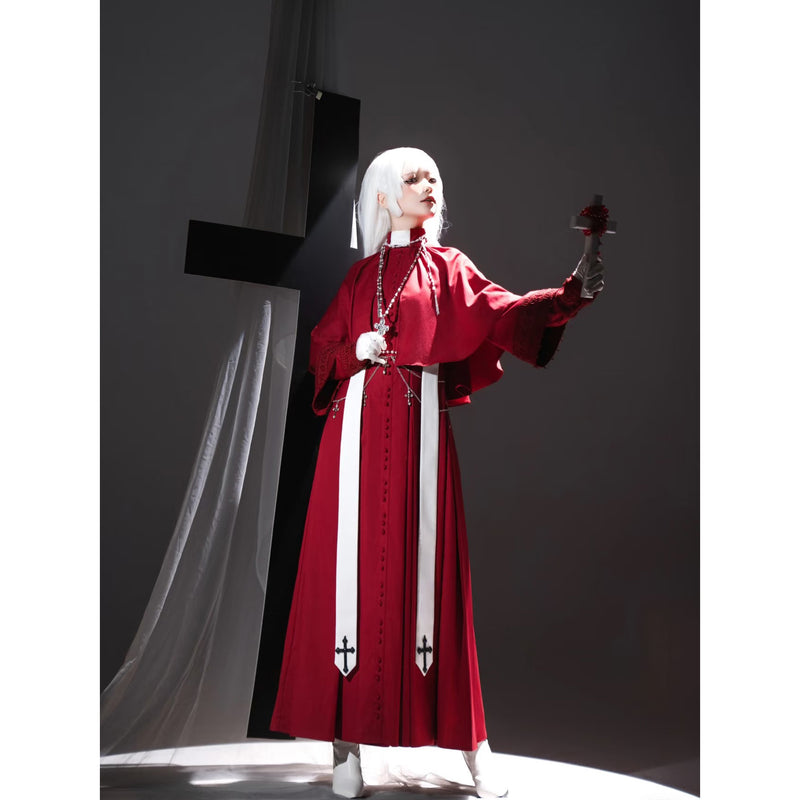 神父の十字架ゴシックロングワンピースとショールとストラ - Red[2025年12月上旬-12月下旬発送予定]