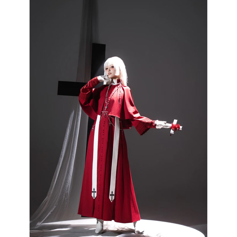 神父の十字架ゴシックロングワンピースとショールとストラ - Red[2025年12月上旬-12月下旬発送予定]
