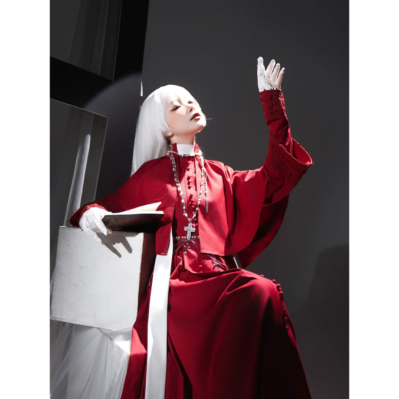 神父の十字架ゴシックロングワンピースとショールとストラ - Red[2025年12月上旬-12月下旬発送予定]