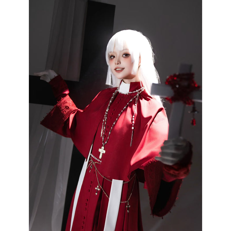 神父の十字架ゴシックロングワンピースとショールとストラ - Red[2025年12月上旬-12月下旬発送予定]