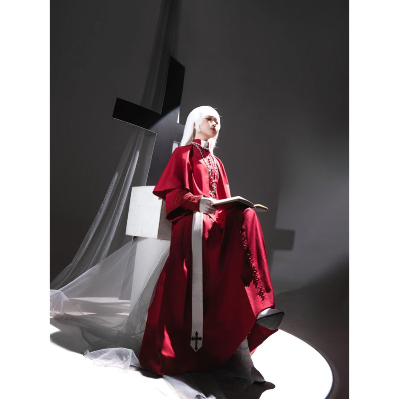 神父の十字架ゴシックロングワンピースとショールとストラ - Red[2025年12月上旬-12月下旬発送予定]