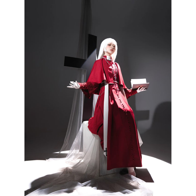 神父の十字架ゴシックロングワンピースとショールとストラ - Red[2025年12月上旬-12月下旬発送予定]