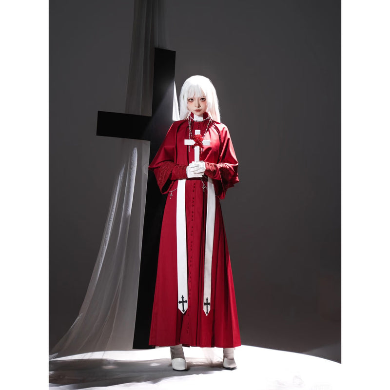 神父の十字架ゴシックロングワンピースとショールとストラ - Red[2025年12月上旬-12月下旬発送予定]