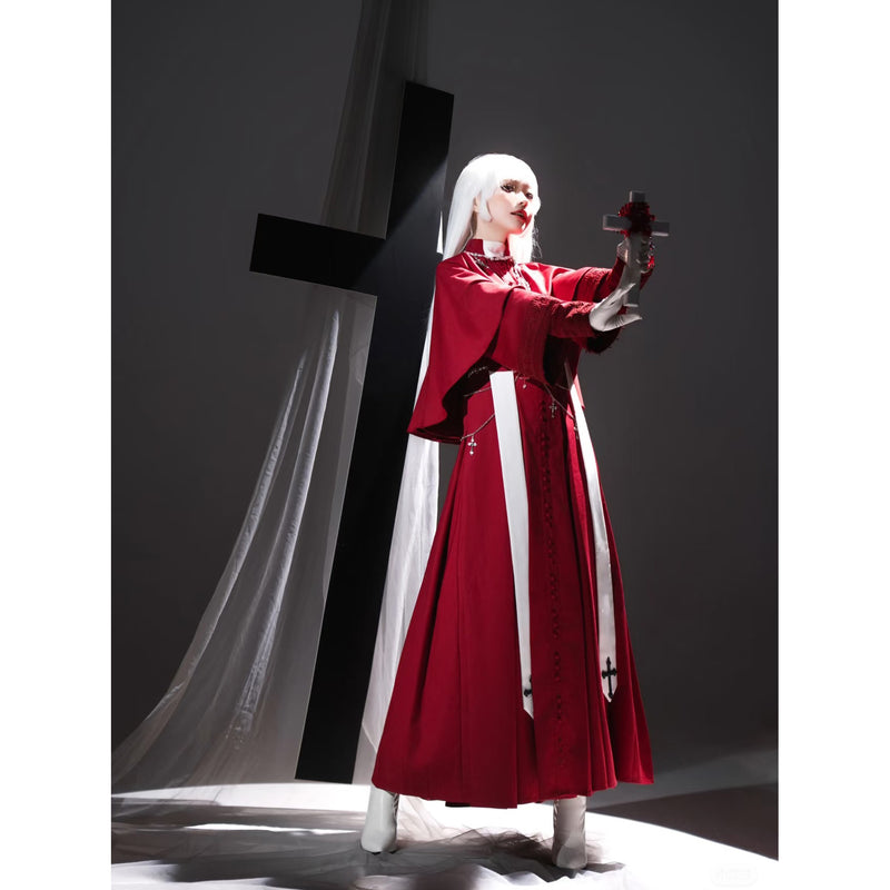 神父の十字架ゴシックロングワンピースとショールとストラ - Red[2025年12月上旬-12月下旬発送予定]