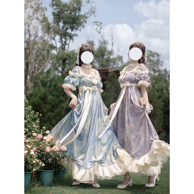 睡蓮の池の油彩画ヴィクトリアンワンピース - Light Blue[2025年8月中旬-9月中旬発送予定]