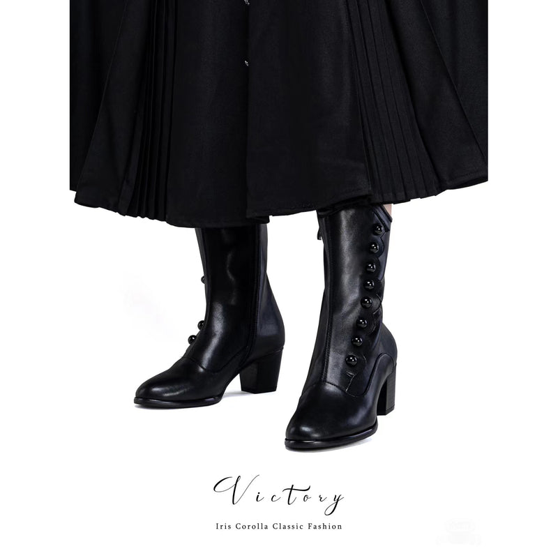 Victorian Round Toe Buttoned Short Boots - Black[2024年11月下旬-12月中旬発送予定]