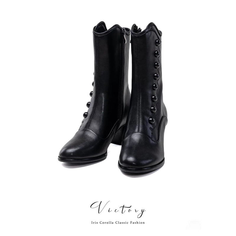 Victorian Round Toe Buttoned Short Boots - Black[2025年11月上旬-11月下旬発送予定]