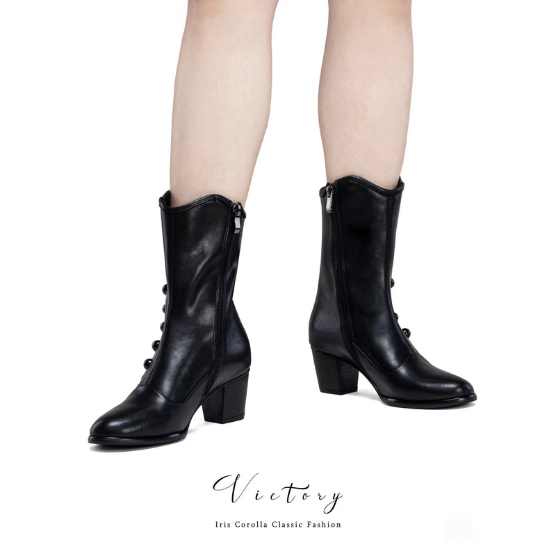 Victorian Round Toe Buttoned Short Boots - Black[2025年11月上旬-11月下旬発送予定]