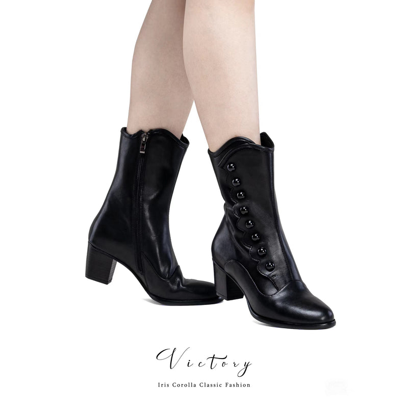 Victorian Round Toe Buttoned Short Boots - Black[2024年11月下旬-12月中旬発送予定]