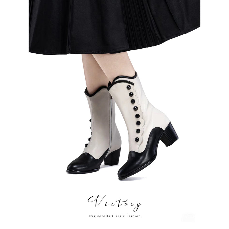 Victorian Round Toe Buttoned Short Boots - Black Ivory[2025年11月上旬-11月下旬発送予定]