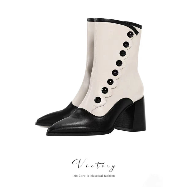 Victorian Pointed Toe Buttoned Short Boots - Black Ivory[2024年11月下旬-12月中旬発送予定]（予約期間：延長）