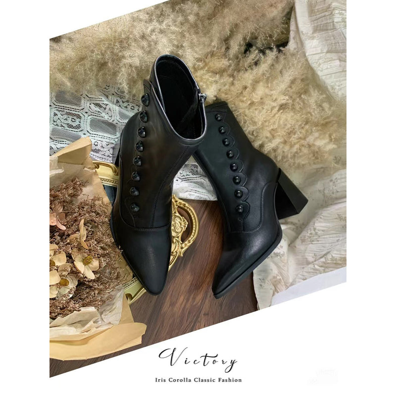 Victorian Pointed Toe Buttoned Short Boots - Black[2024年11月下旬-12月中旬発送予定]