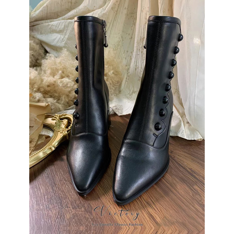 Victorian Pointed Toe Buttoned Short Boots - Black[2024年11月下旬-12月中旬発送予定]