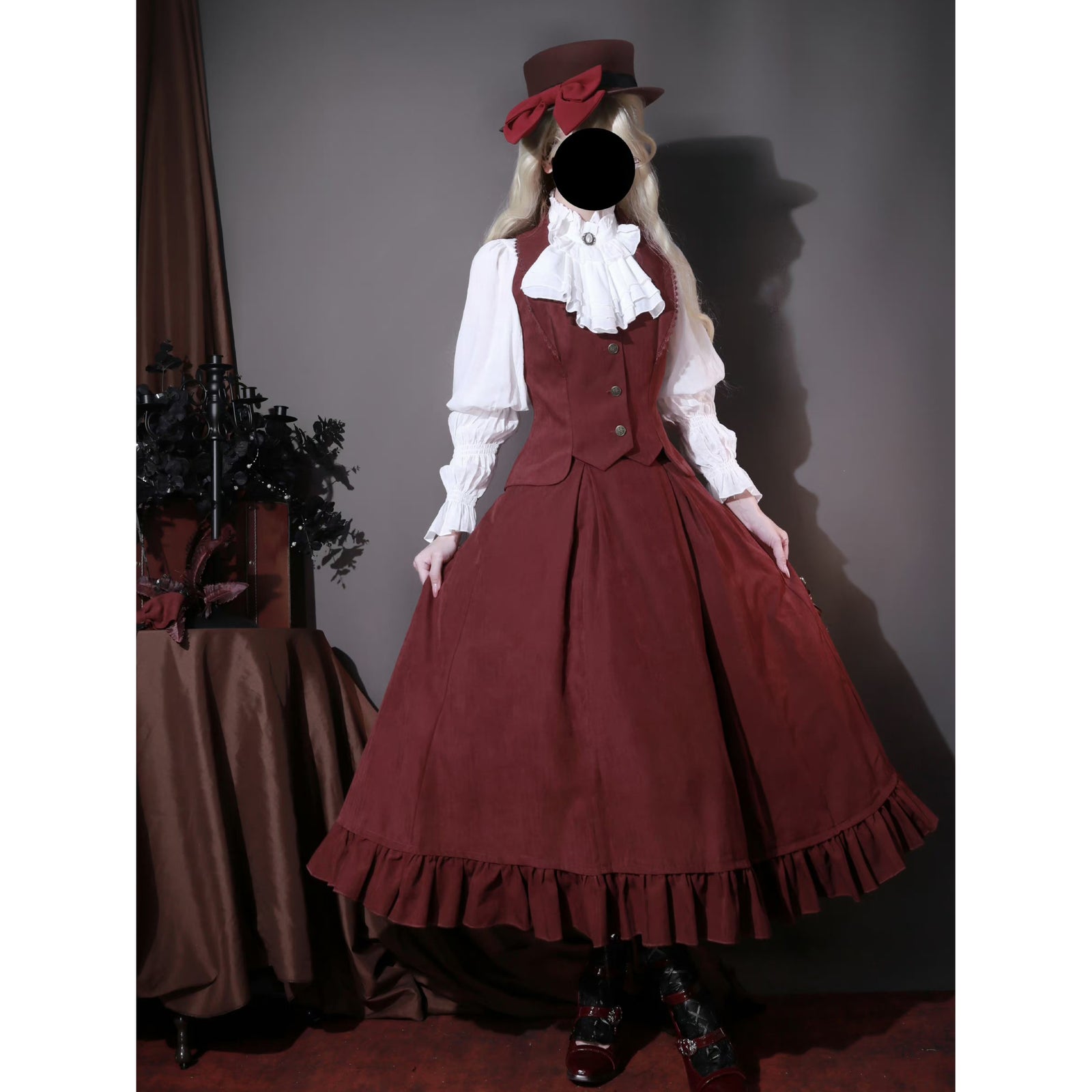 ManusMachina 英国のお嬢様ハイウエストスカートとベストセット 葡萄酒のお嬢様のクラシカルスカートとベストとキャバリア