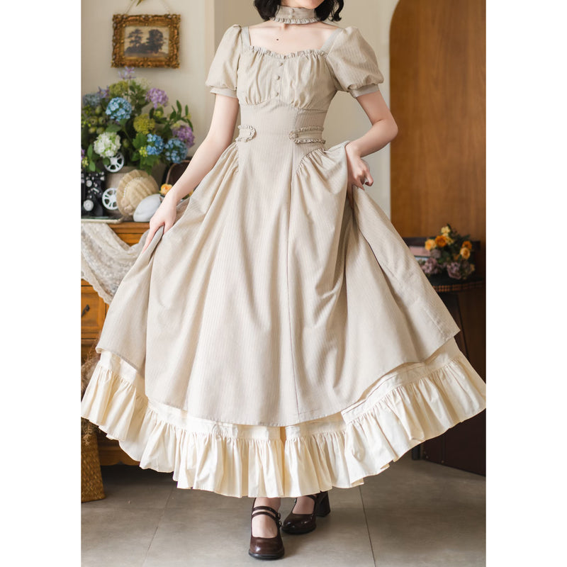 英国のお嬢様のクラシカルストライプワンピース - Sand Beige