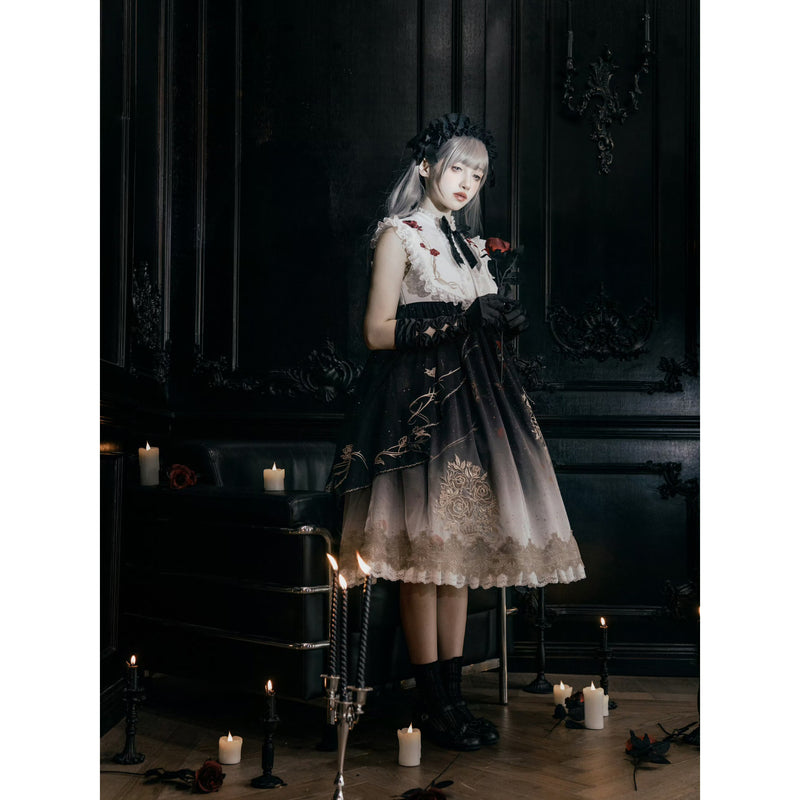 暗黒の薔薇の刺繍ワンピース[2025年10月下旬-11月中旬発送予定]
