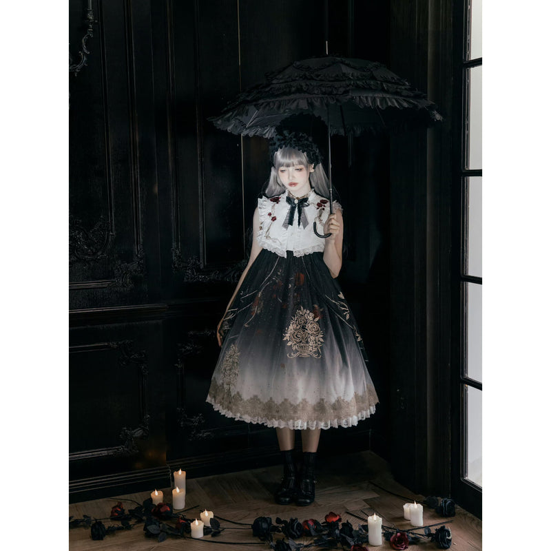 暗黒の薔薇の刺繍ワンピース[2025年10月下旬-11月中旬発送予定]