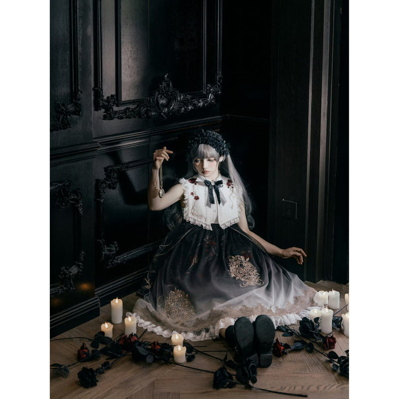 暗黒の薔薇の刺繍ワンピース[2025年10月下旬-11月中旬発送予定]