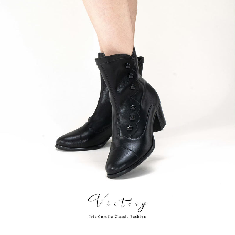Victorian Round Toe Buttoned Short Boots - Black[2025年11月上旬-11月下旬発送予定]