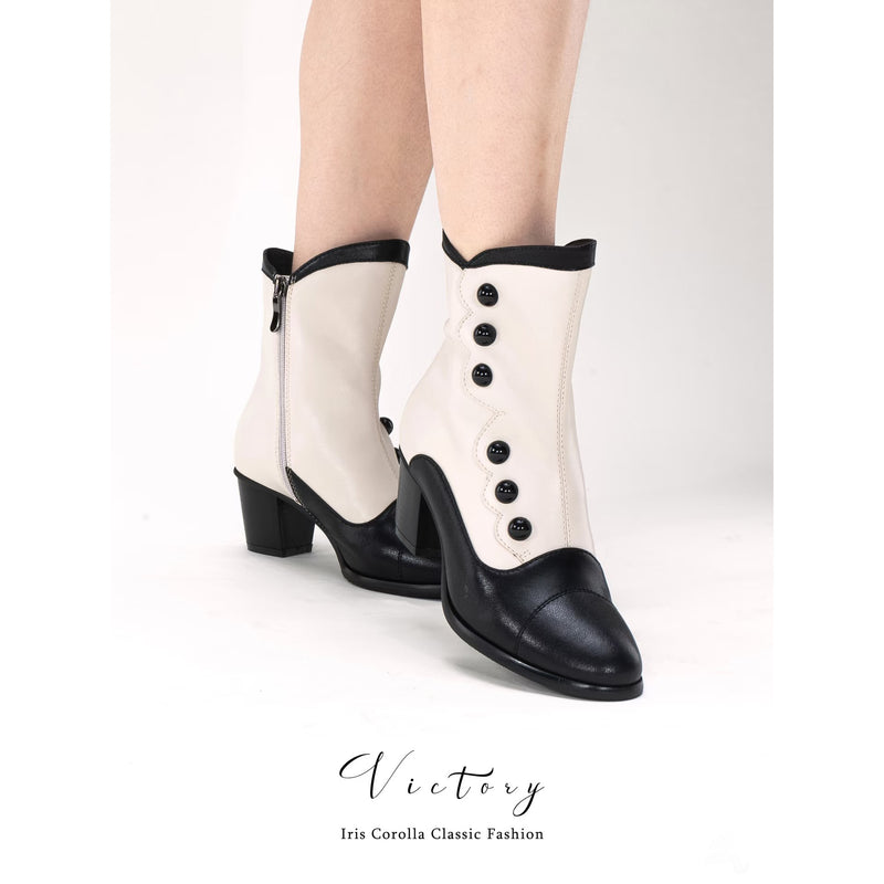 Victorian Round Toe Buttoned Short Boots - Black Ivory[2025年11月上旬-11月下旬発送予定]