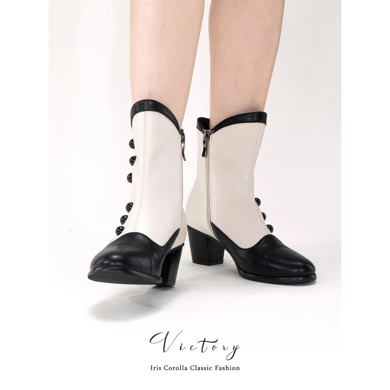 Victorian Round Toe Buttoned Short Boots - Black Ivory[2025年11月上旬-11月下旬発送予定]